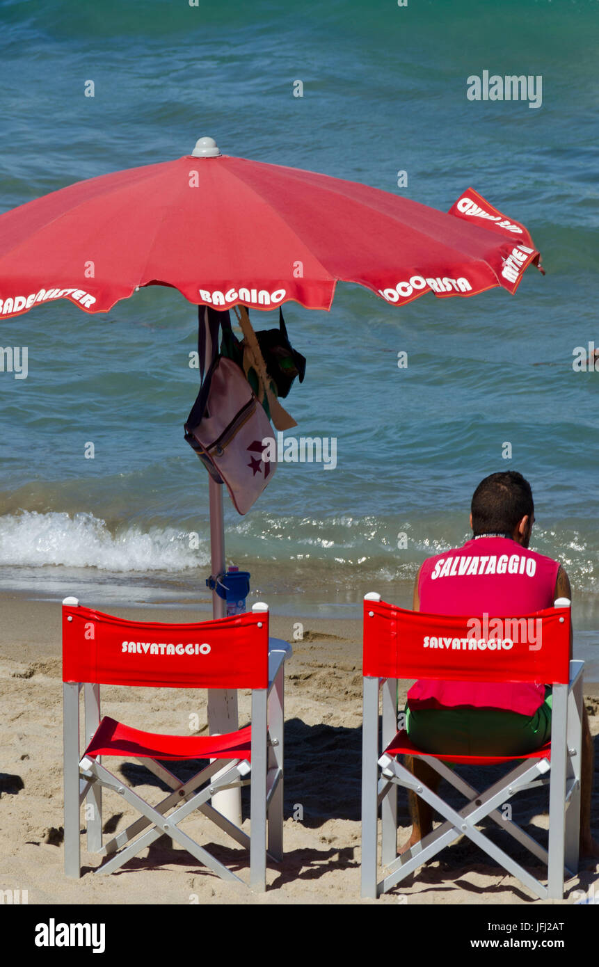 Italy, southern Italy, Sicily, Sicilia, Cefalú, beach, beach guard, lifeguard Stock Photo