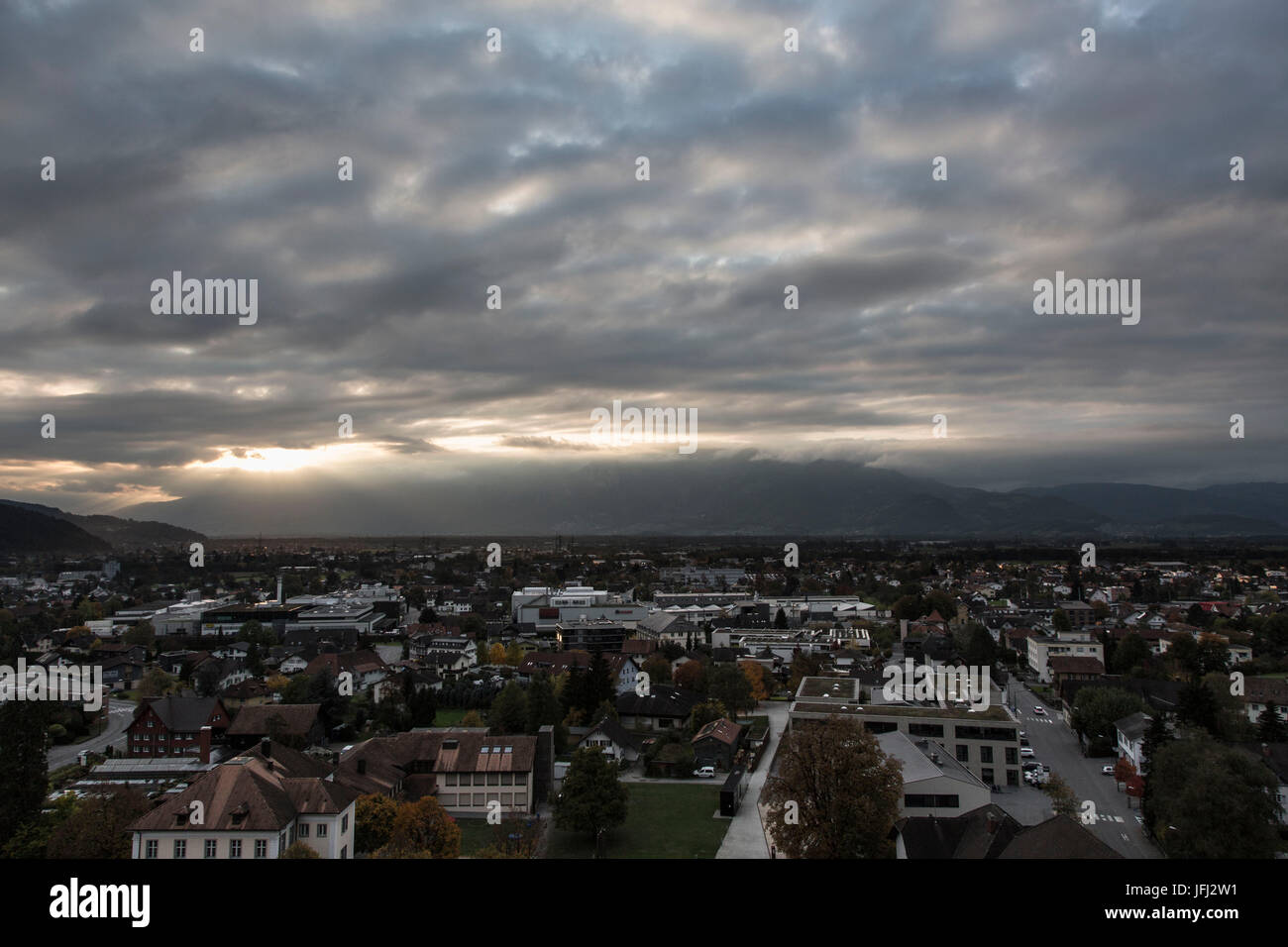 View of the Liebfrauenberg, clouds, Rankweil, settlement area Stock Photo