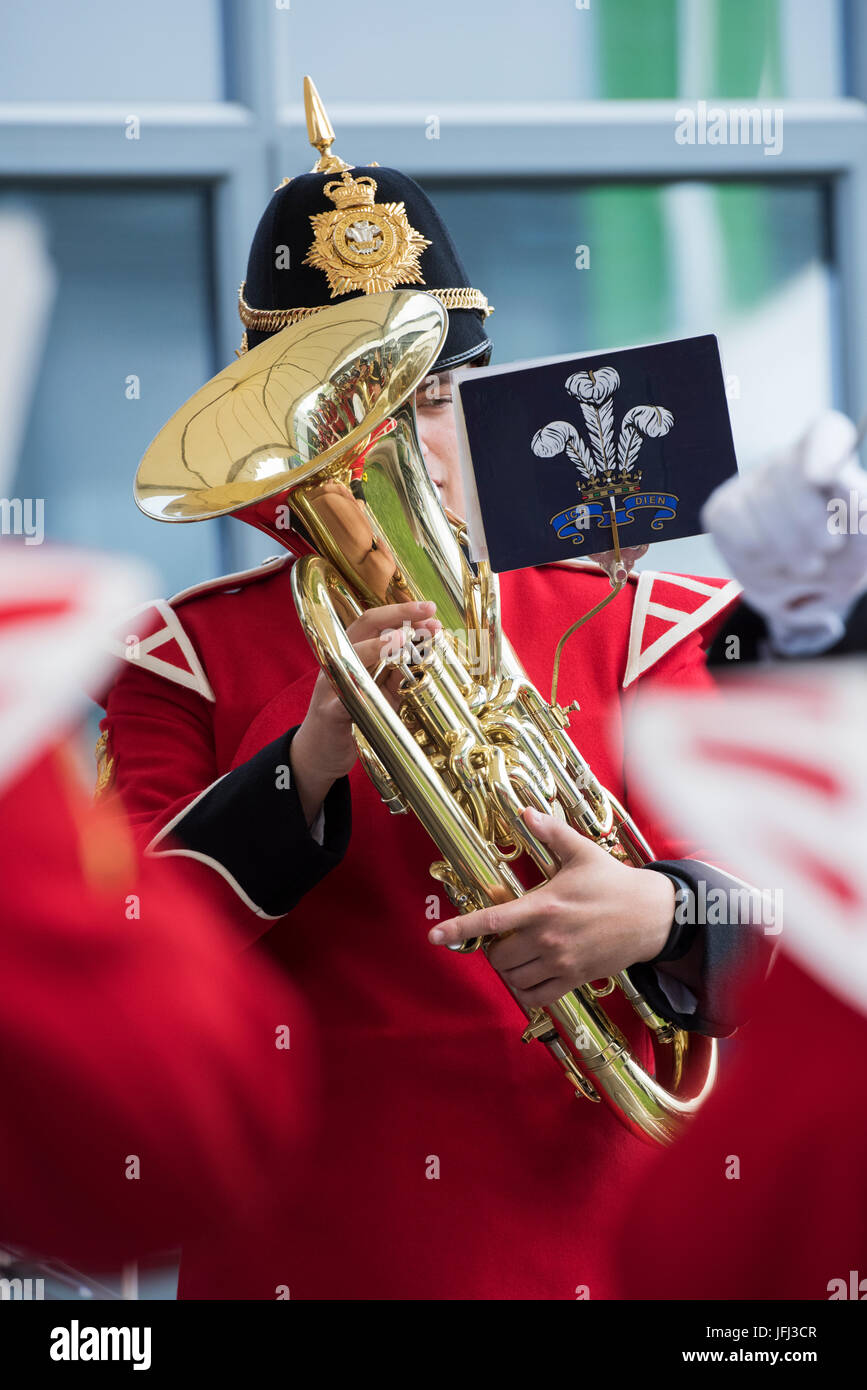 Musician in The Band of the Prince of Wales's Division playing a Baritone horn at an Agricultural show. UK Stock Photo