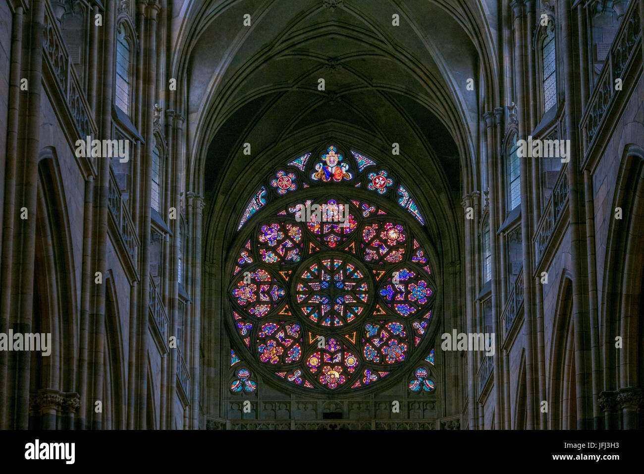 Glass window, apse of the Gothic St. Veits cathedral, Prague castle, Hradschin, castle district, Prague, Bohemian, Czechia, Europe Stock Photo