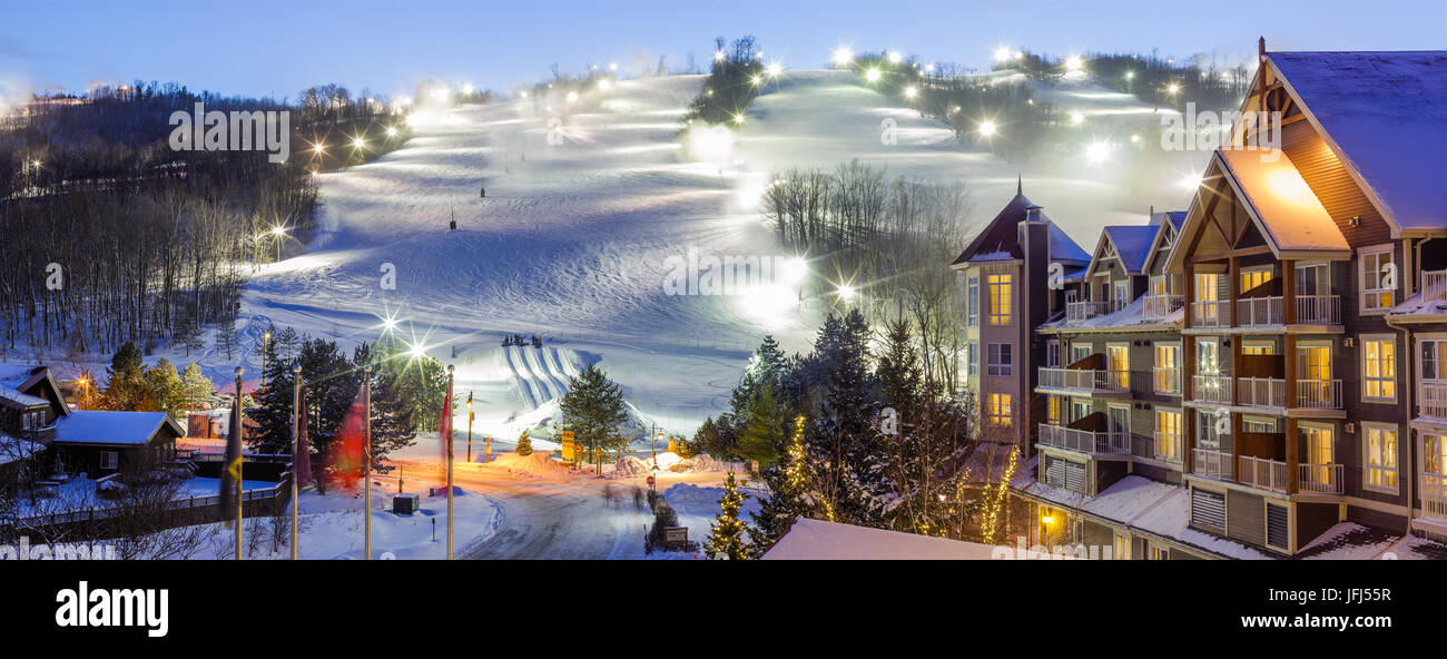 Blue Mountain Village in winter with mountain background Stock Photo