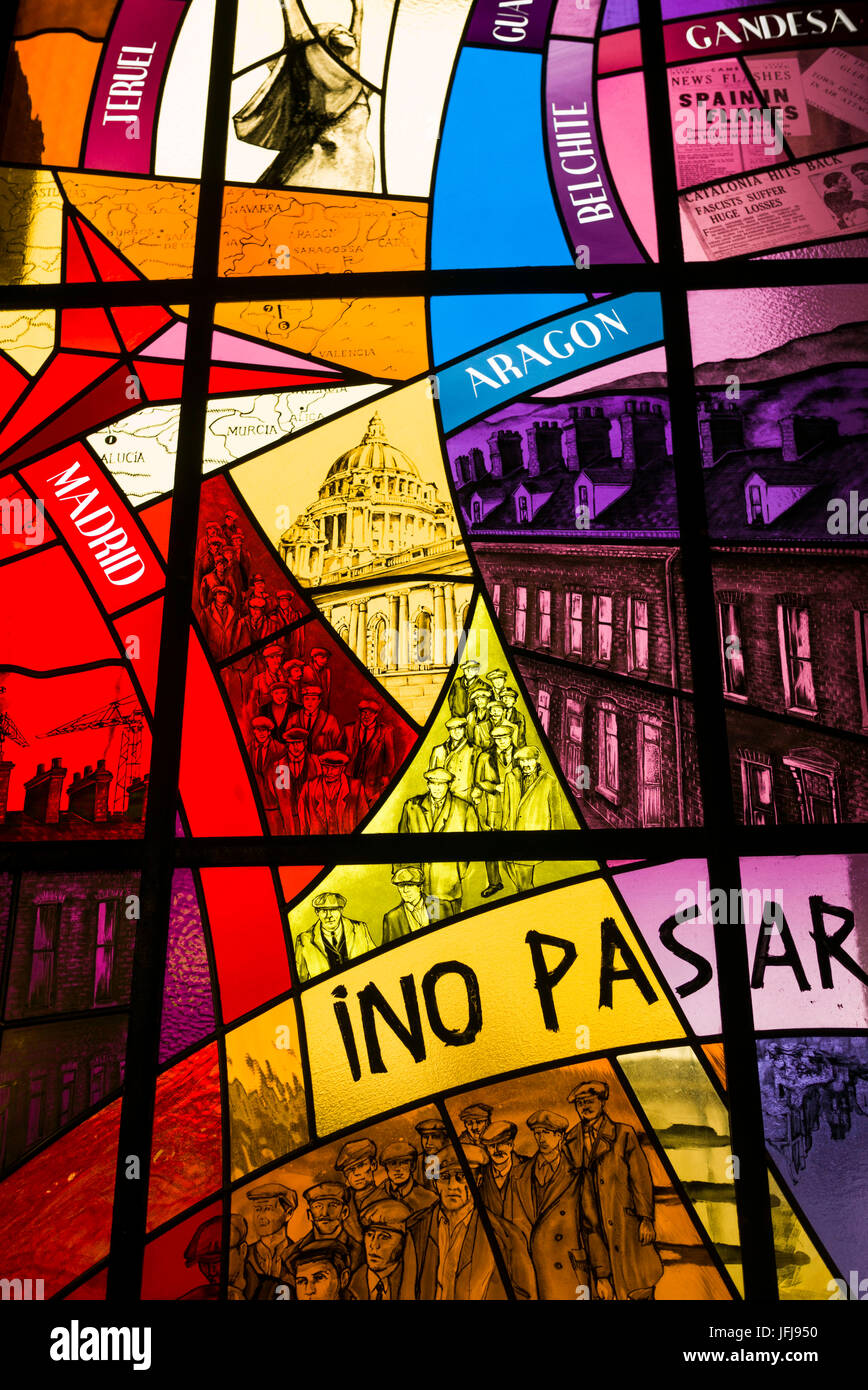 UK, Northern Ireland, Belfast, Belfast City Hall, interior, stained glass window the Spanish Civil War Stock Photo