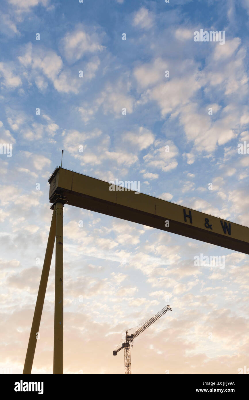 UK, Northern Ireland, Belfast, Belfast Docklands, Harlan and Wolff Shipyard Crane, onetime builders of the Titanic, dawn Stock Photo