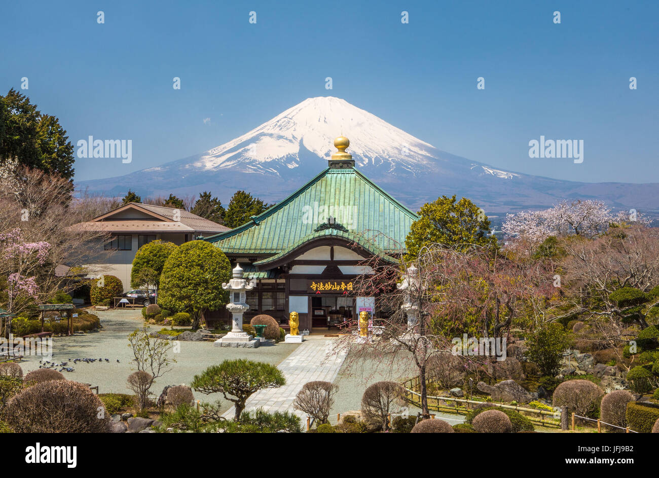 Japan, Gotemba City, temple and Mount Fuji Stock Photo