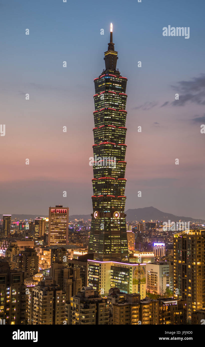 Taiwan, Taipei City Skyline, 101 Building, sunset from Elephnat Hill, Stock Photo