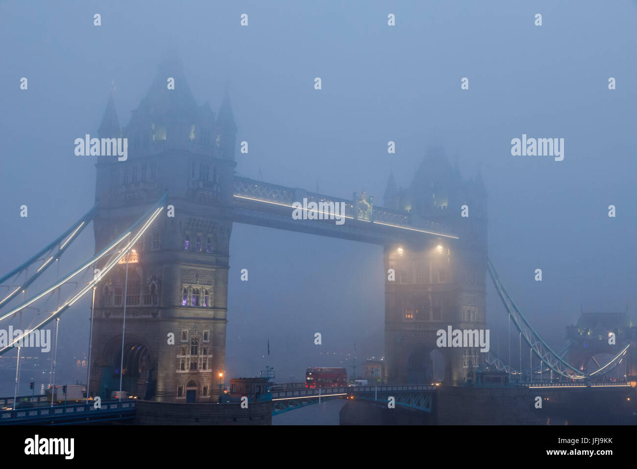 England, London, Tower Bridge and River Thames in the Fog Stock Photo
