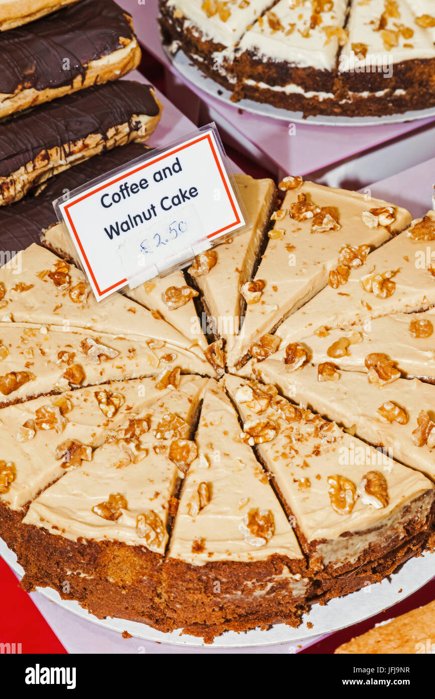 England, London, Southwark, Borough Market, Display of Coffee and Walnut Cake Stock Photo