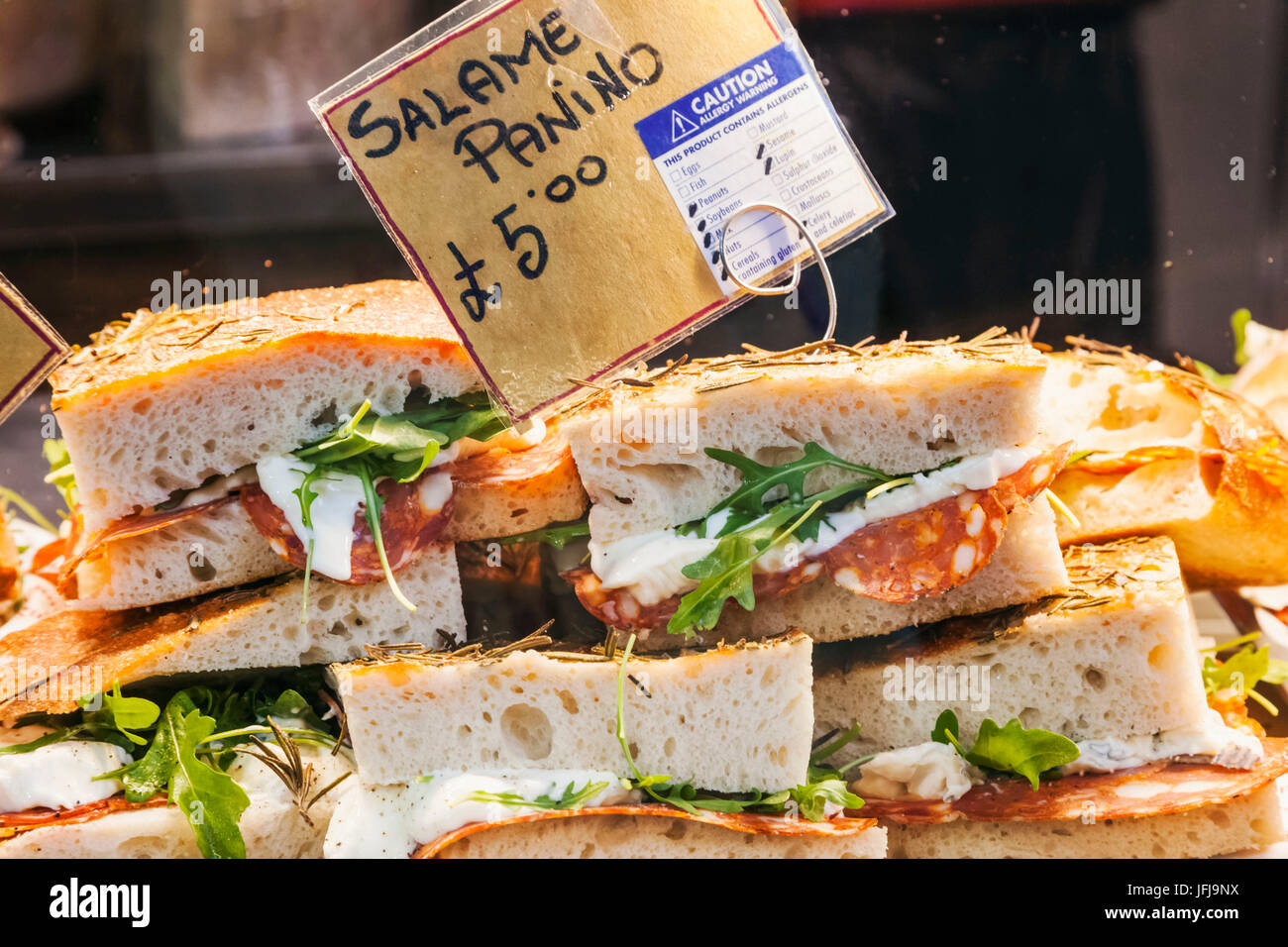 Food stall display of salami panino sandwiches hires stock photography
