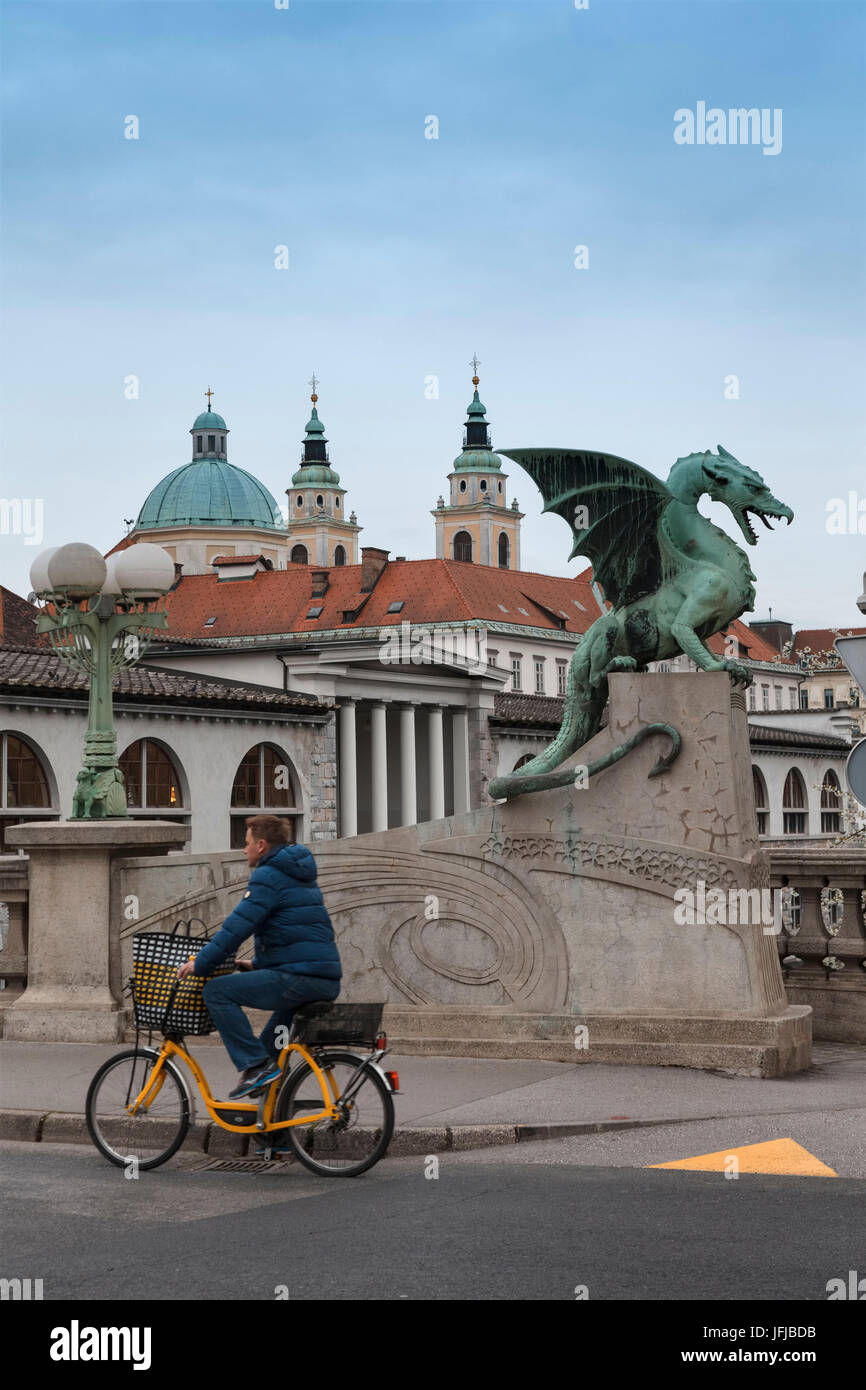 Europe, Slovenia, Ljubjana, The dragon bridge and the Cathedral of Saint Nicholas Stock Photo