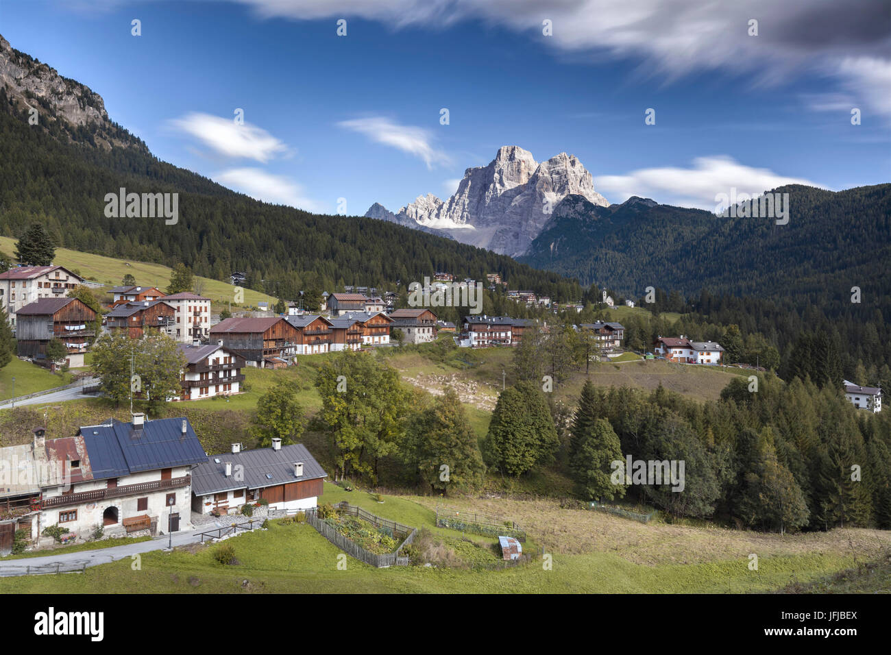 Europe, Italy, Veneto, Belluno, View of Santa Fosca, Selva di Cadore, with the mount Pelmo on the background, Dolomites Stock Photo