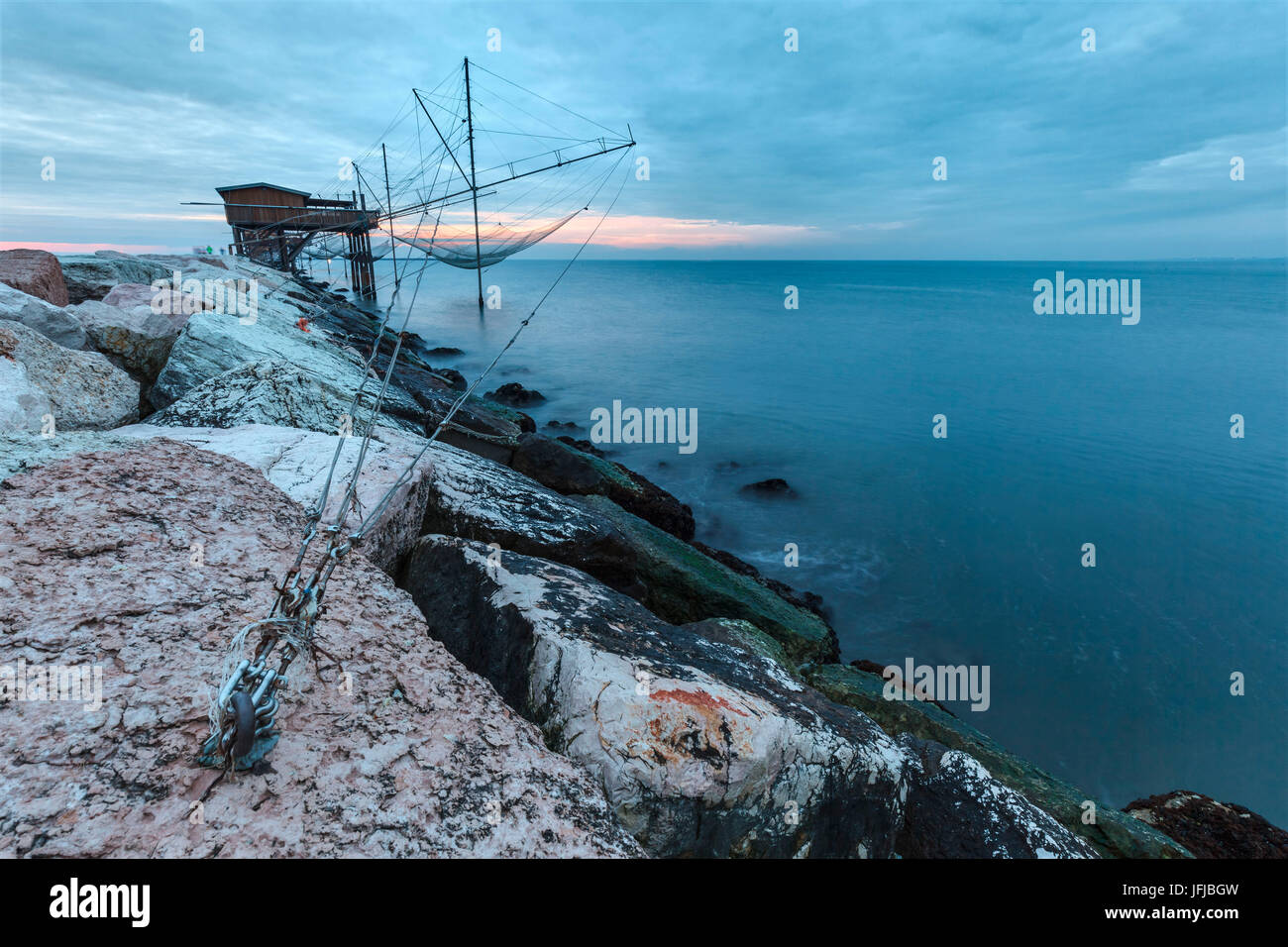 Europe, Italy, Veneto, Chioggia, Sottomarina, View of the Casoni, the stilt house of fishermen on the sea Stock Photo