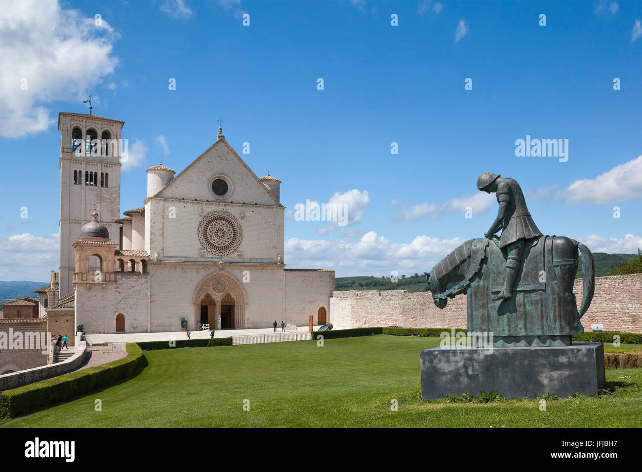 Europe, Italy, Umbria, Perugia, Basilica of St. Francis of Assisi with statue Stock Photo