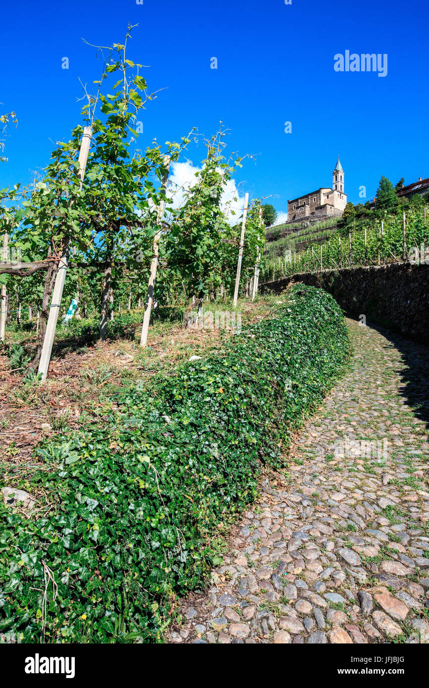 A cobblestone path leading to the church of san zeno hires stock