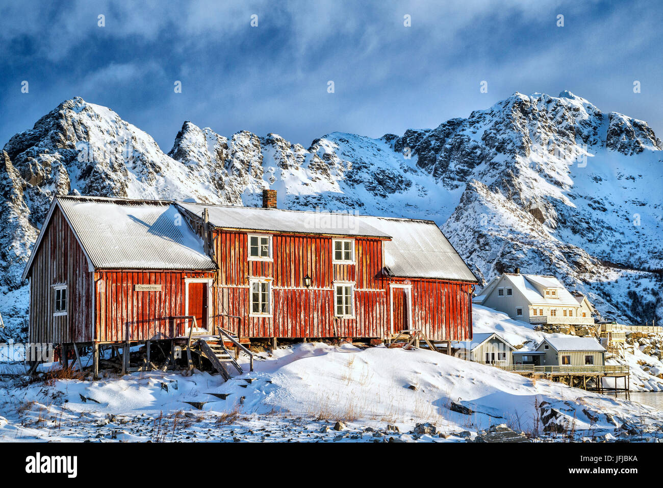 Typical red house of Lofoten Islands, Henningsvaer, Norway, Europe