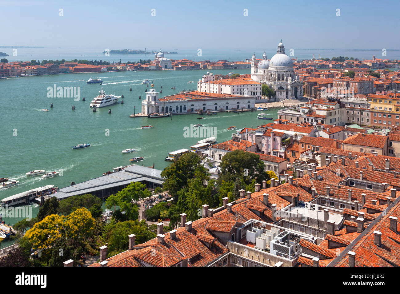 Europe, Italy, Veneto, Venice, Overview from the bell tower of San Marco towards Punta della Dogana and Santa Maria della Salute Stock Photo