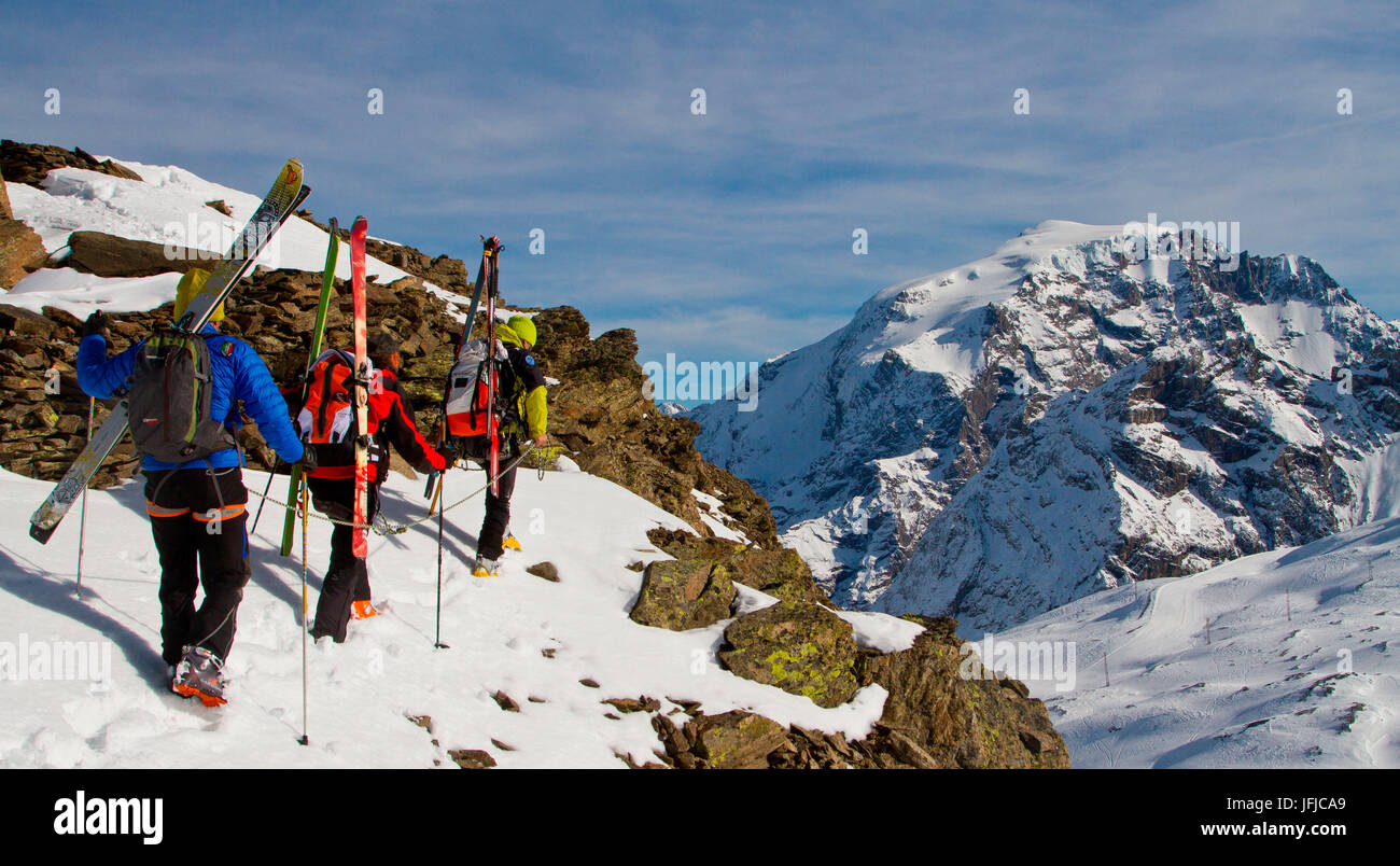 Roped alpine skiers with Ortles on the background Stock Photo
