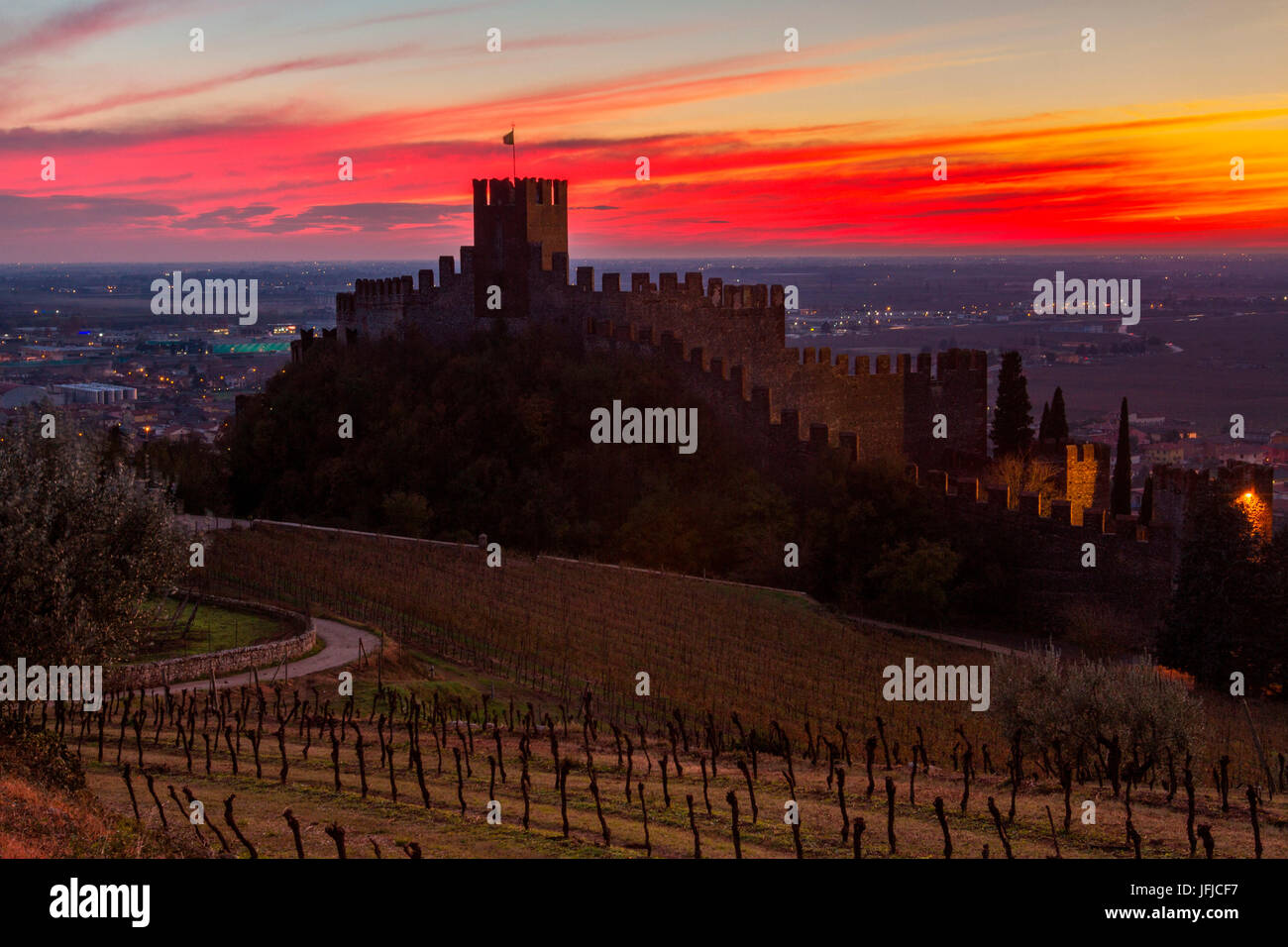 Europe, Italy, Veneto, The Soave castle among vineyards and olive trees on the hills Lessini in Verona Stock Photo