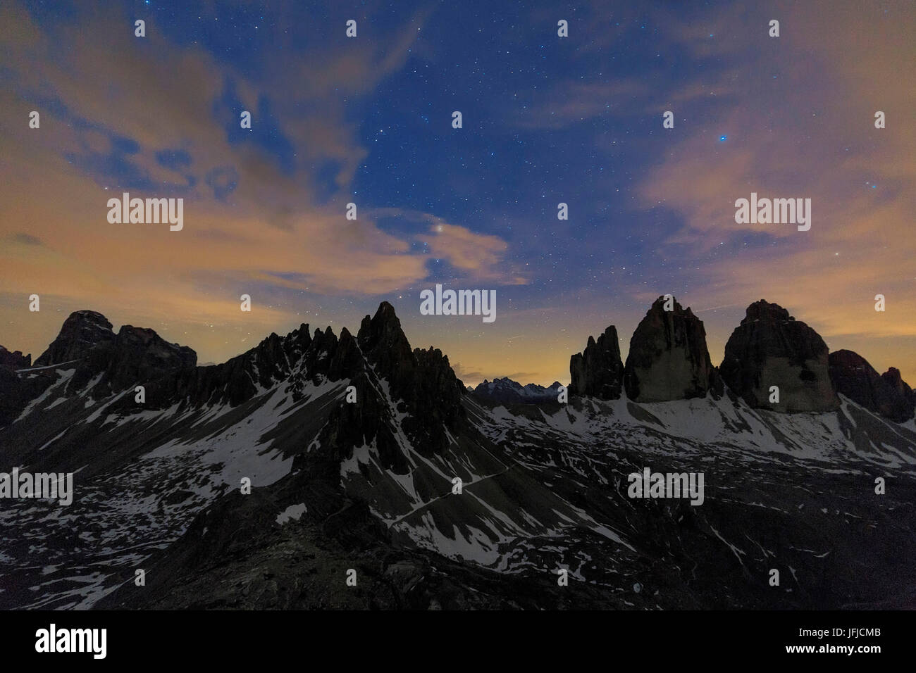 Starry night frame the Three Peaks of Lavaredo Sesto Dolomites Trentino Alto Adige Italy Europe Stock Photo