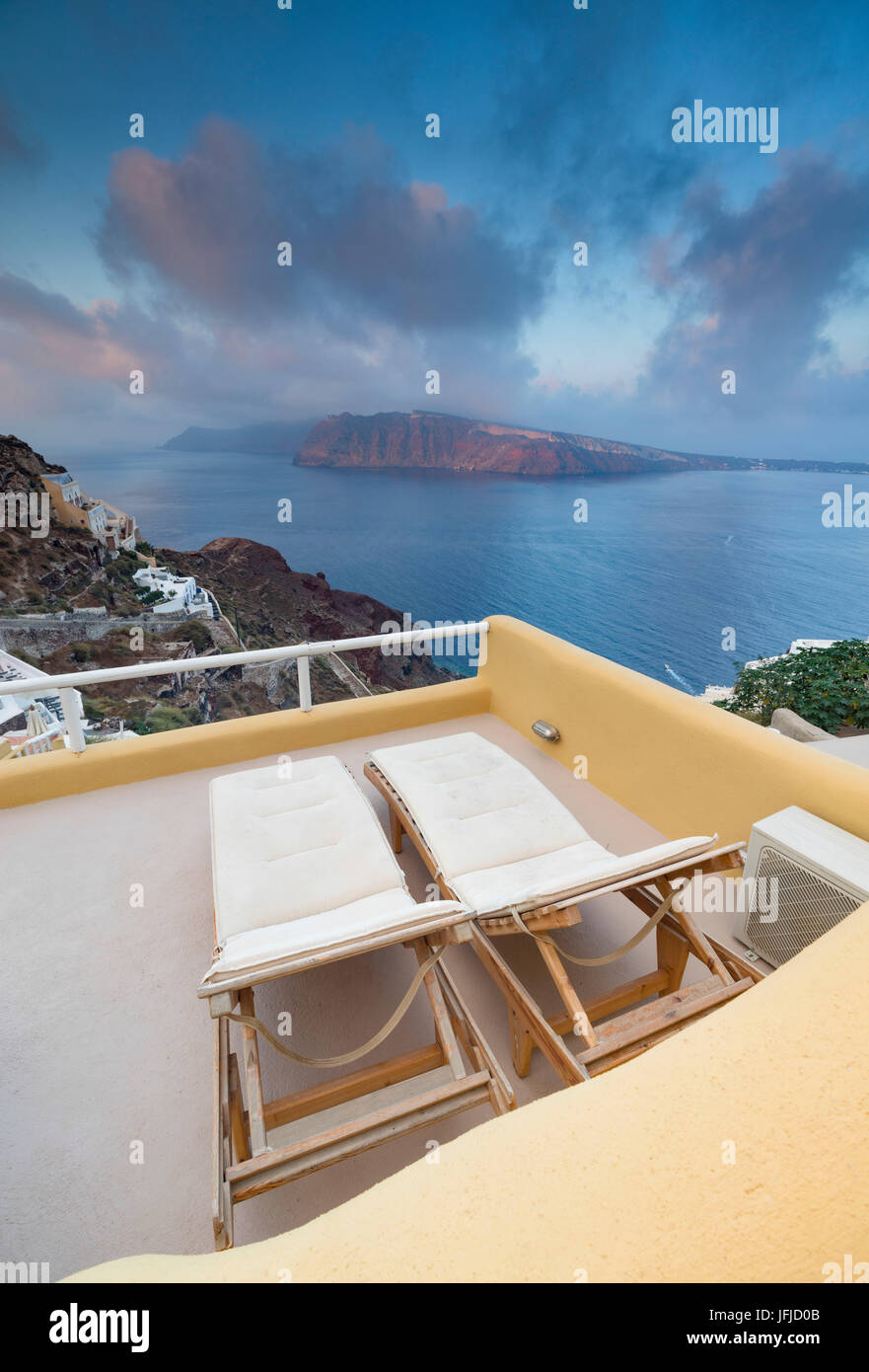 The blue Aegean Sea seen from a typical terrace in Oia Santorini Cyclades Greece Europe Stock Photo
