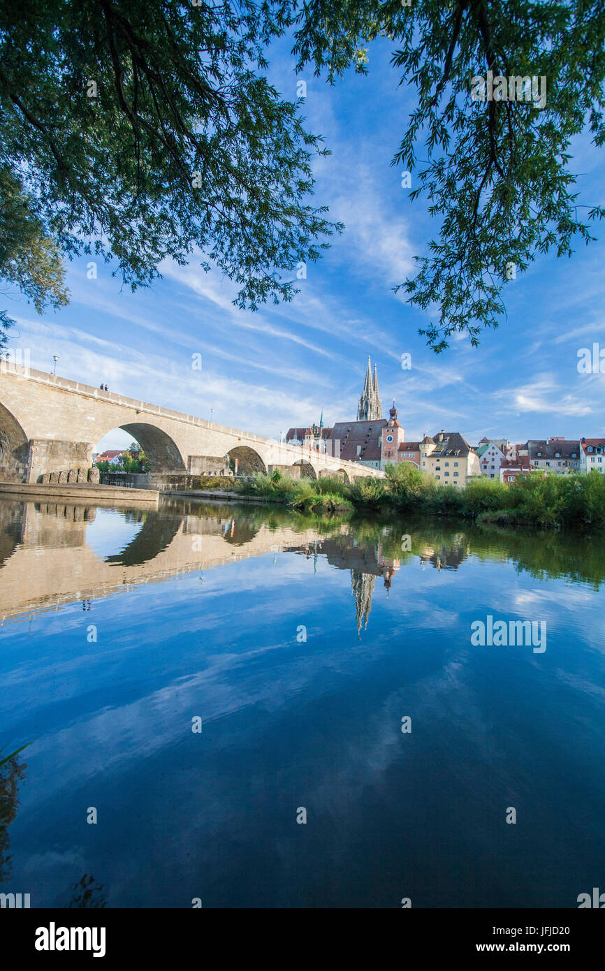 Stone bridge over Danube River Regensburg Bavaria Southern Germany Europe Stock Photo