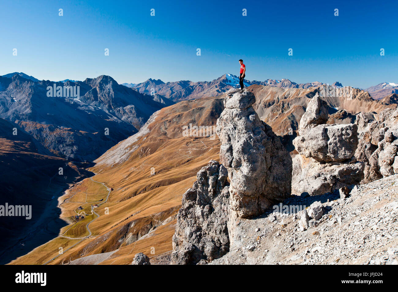 Hikers climb the Rims peaks, Stelvio, Lombardy, Italy Europe Stock Photo