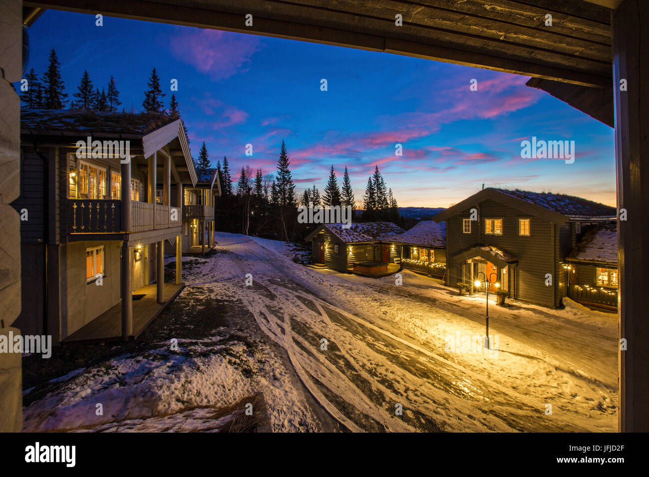 Meraker Lodge illuminated by the early morning lights Trøndelag Norway Europe Stock Photo