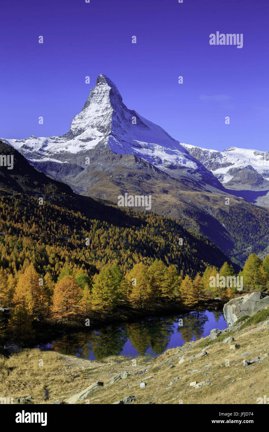 Matterhorn from Grindjisee lake, in Autumn, Zermatt, Switzerland, europe Stock Photo