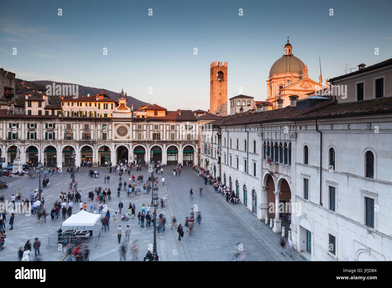 Brescia, Lombardy, Italy, Loggia square and Brescia's cathedral at sunset view from a balcony of Loggia's building Stock Photo