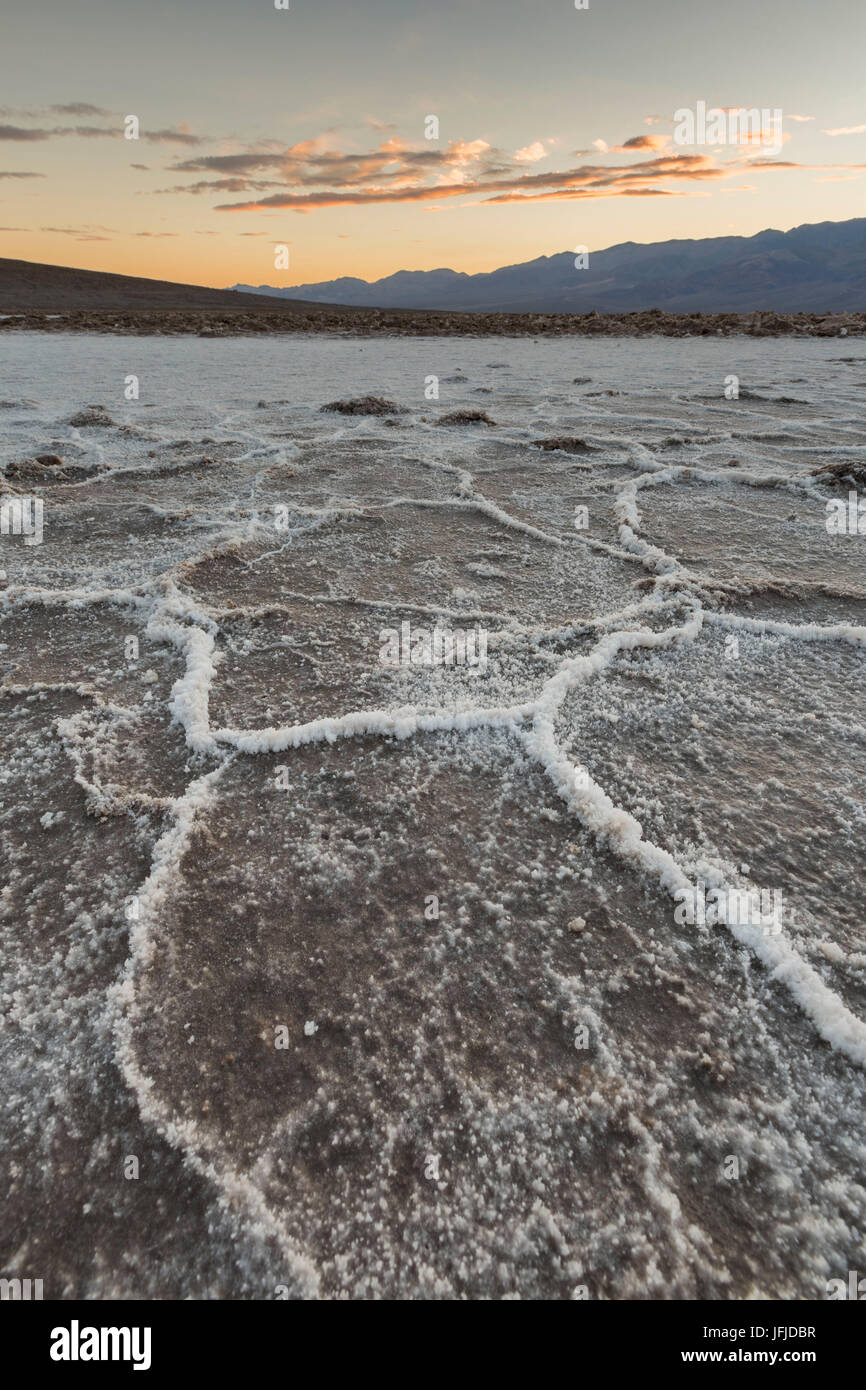 Sunset landscape at Badwater Basin, Death Valley National Park, Inyo County, California, USA, Stock Photo