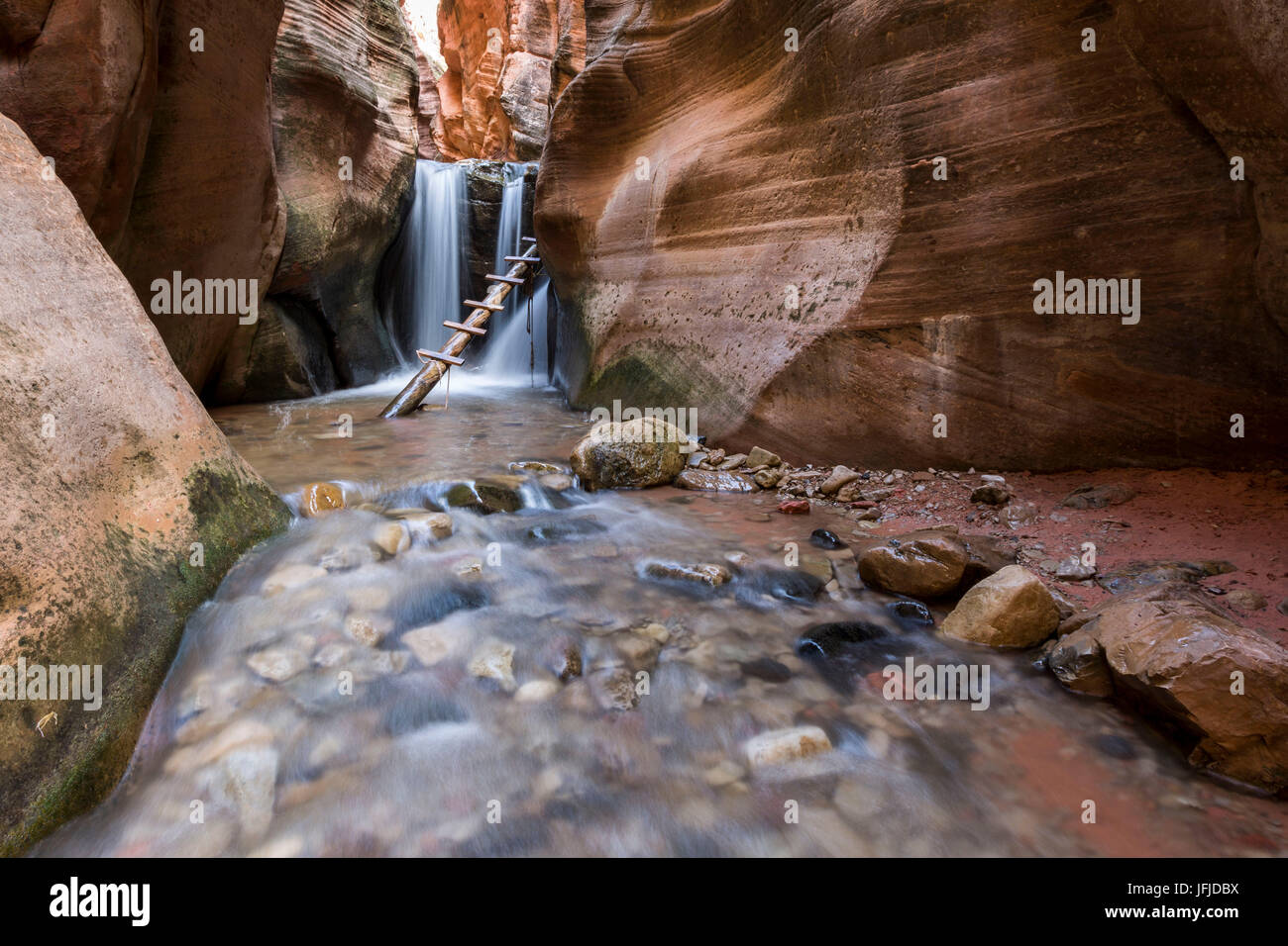Waterfall and ladder in Kanarra Creek Canyon, Kanarraville, Iron County, Utah, USA Stock Photo