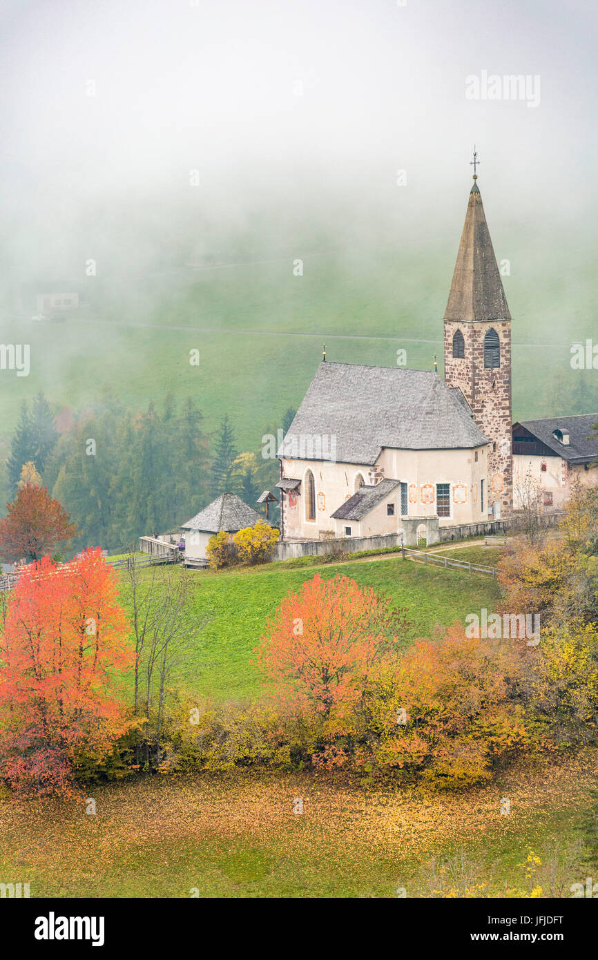 Church surrounded by autumnal trees and mist, Santa Maddalena, Funes, Bolzano, Trentino Alto Adige - Sudtirol, Italy, Europe, Stock Photo