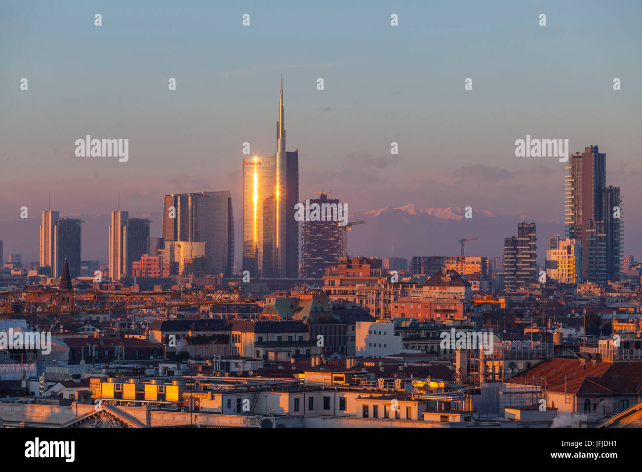 Milan, Lombardy, Italy, Panorama of Milan city from Cathedral roof Stock Photo