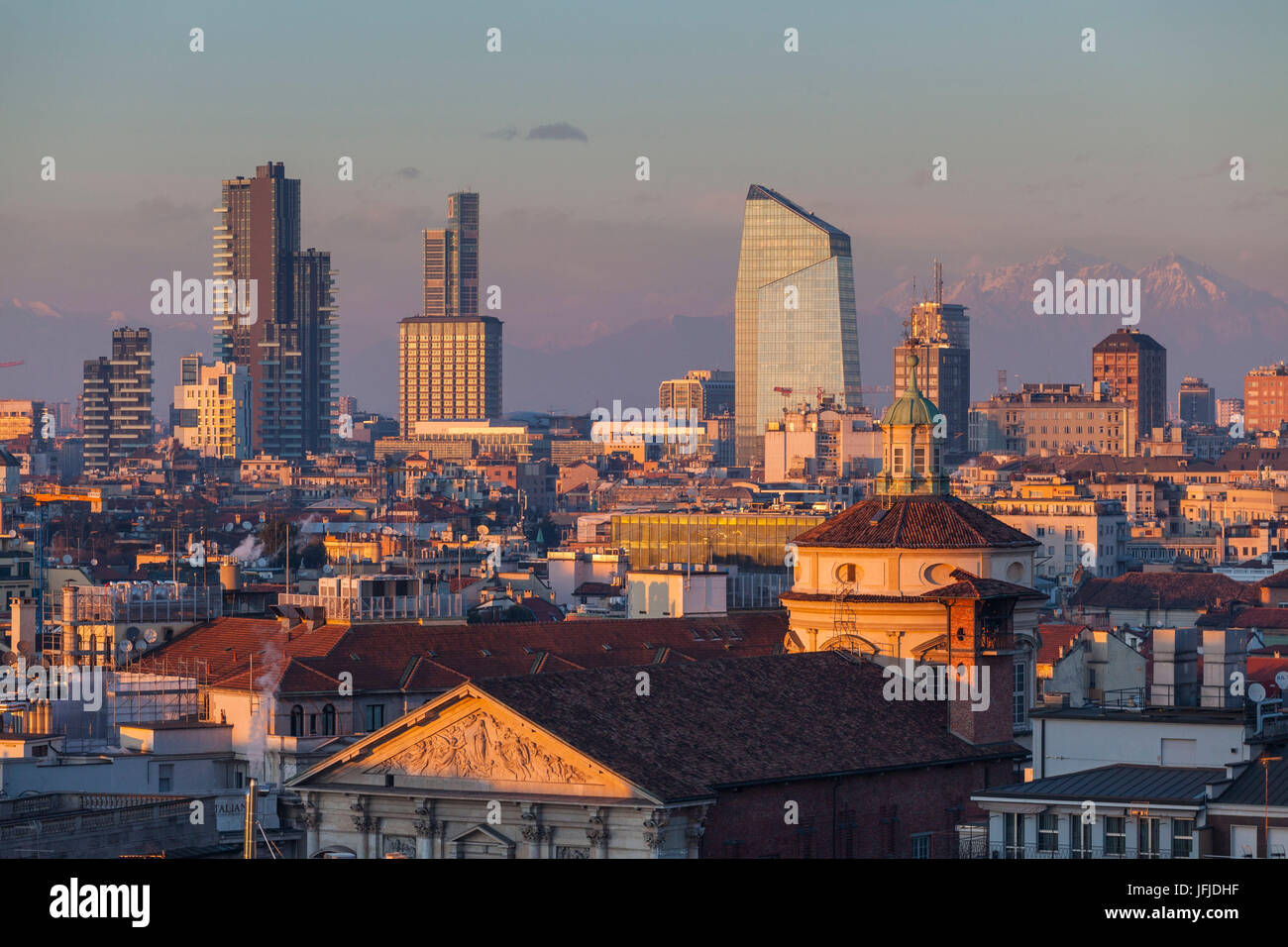 Milan, Lombardy, Italy, The skyscrapers of Milan city at sunset seen from the Cathedral Stock Photo