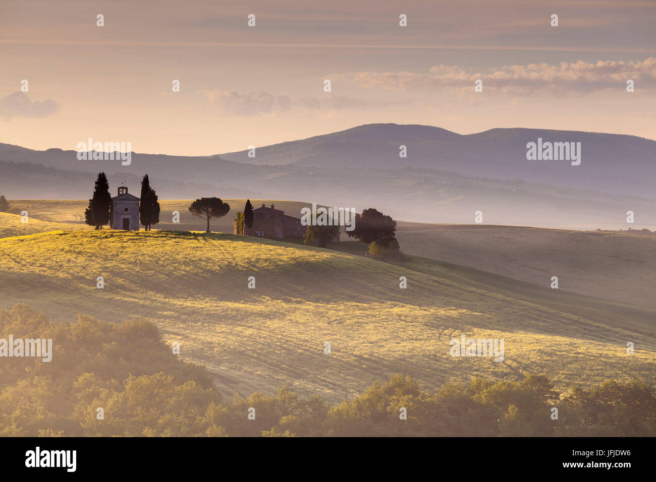 Vitaleta chapel, Pienza, Orcia valley, Tuscany, Italy, Sunrise, Stock Photo