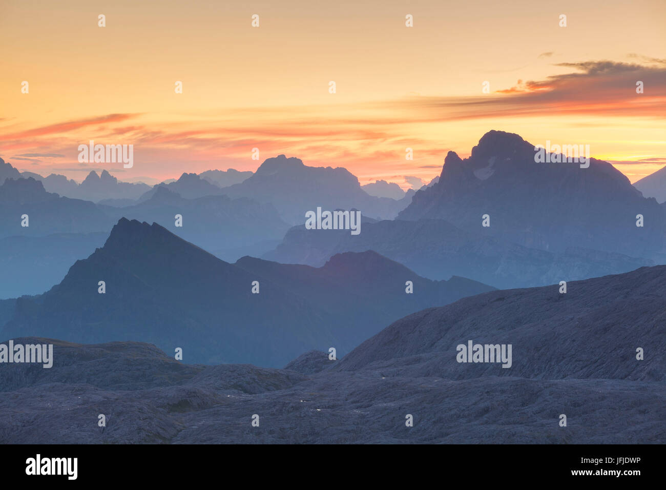 Rosetta mount, Plateau of Pale of San Martino, San Martino di Castrozza, Trento province, Dolomites, Trentino Alto Adige, Italy, Europe, Plateau at sunrise Stock Photo