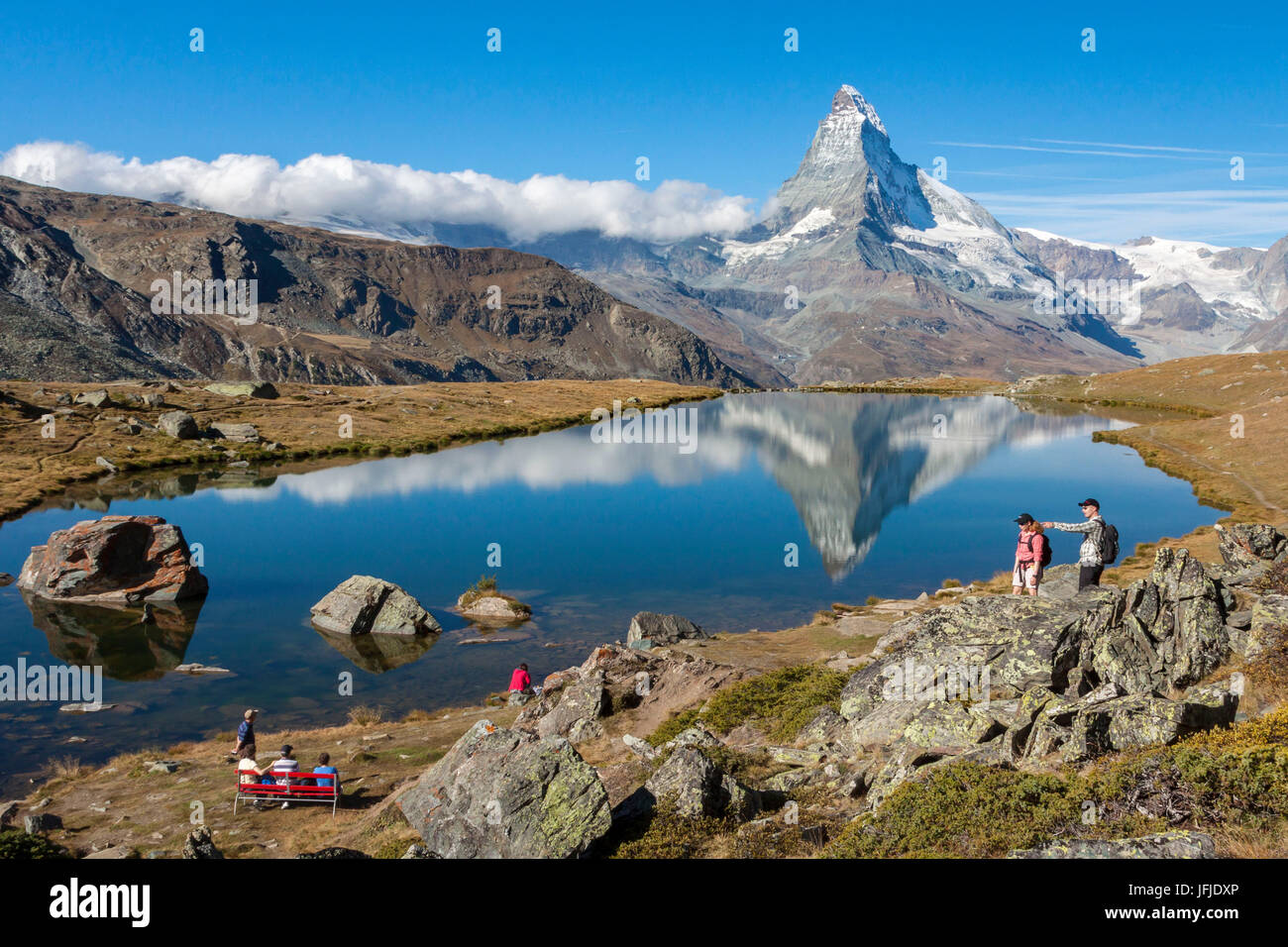 Morning at the lake Stellisee at the foot of the Matterhorn, Zermatt valley, Valais-Wallis Canton, Switzerland Stock Photo