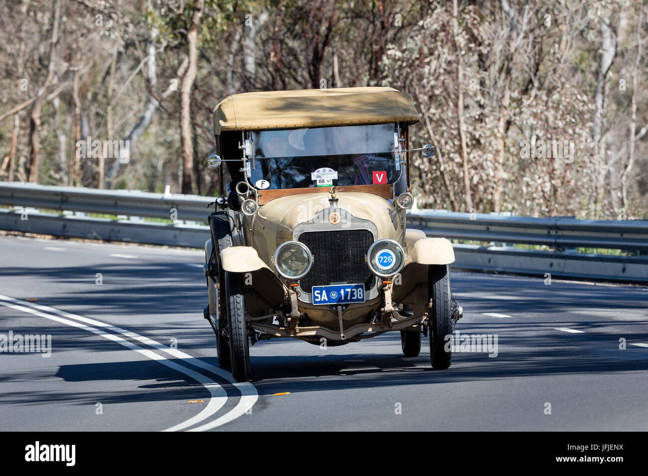 Vintage 1914 Minerva KK 18CV Tourer driving on country roads near the town of Birdwood, South Australia. Stock Photo