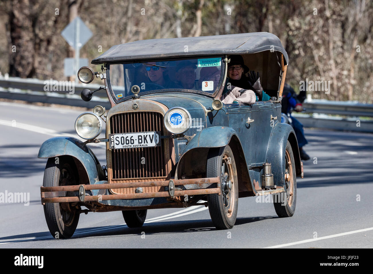 Vintage 1929 Essex Super Six Tourer driving on country roads near the town of Birdwood, South Australia. Stock Photo