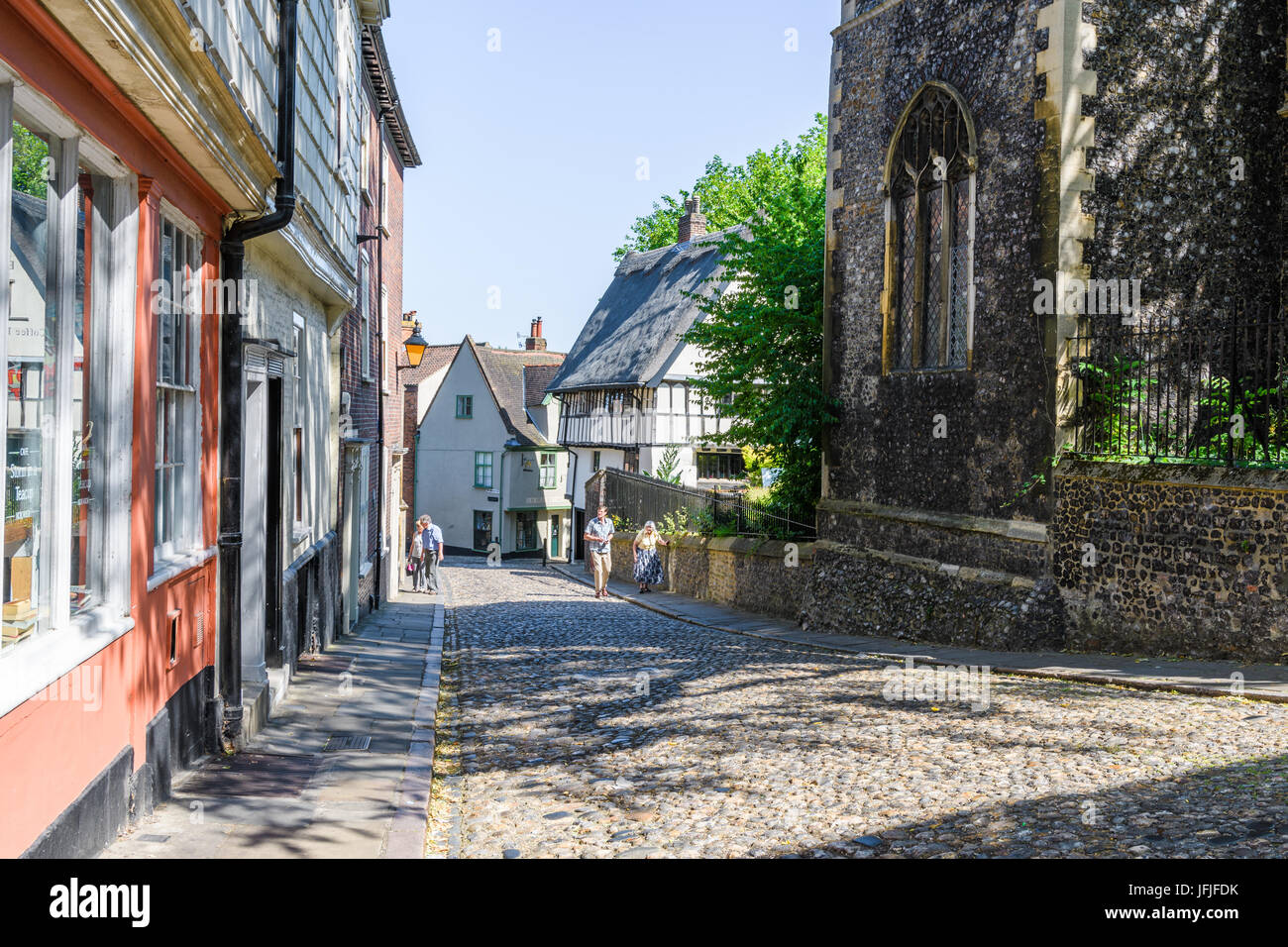 Elm Hill, a cobbled road, on a bright, sunny day at Norwich, Norfolk