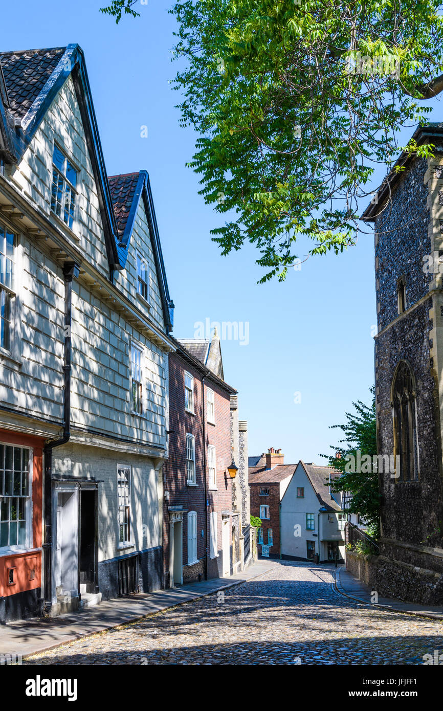 Elm Hill, a cobbled road, on a bright, sunny day at Norwich, Norfolk