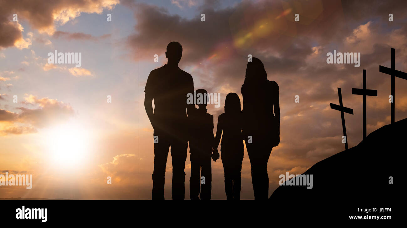 Composite image of cheerful family holding hands Stock Photo