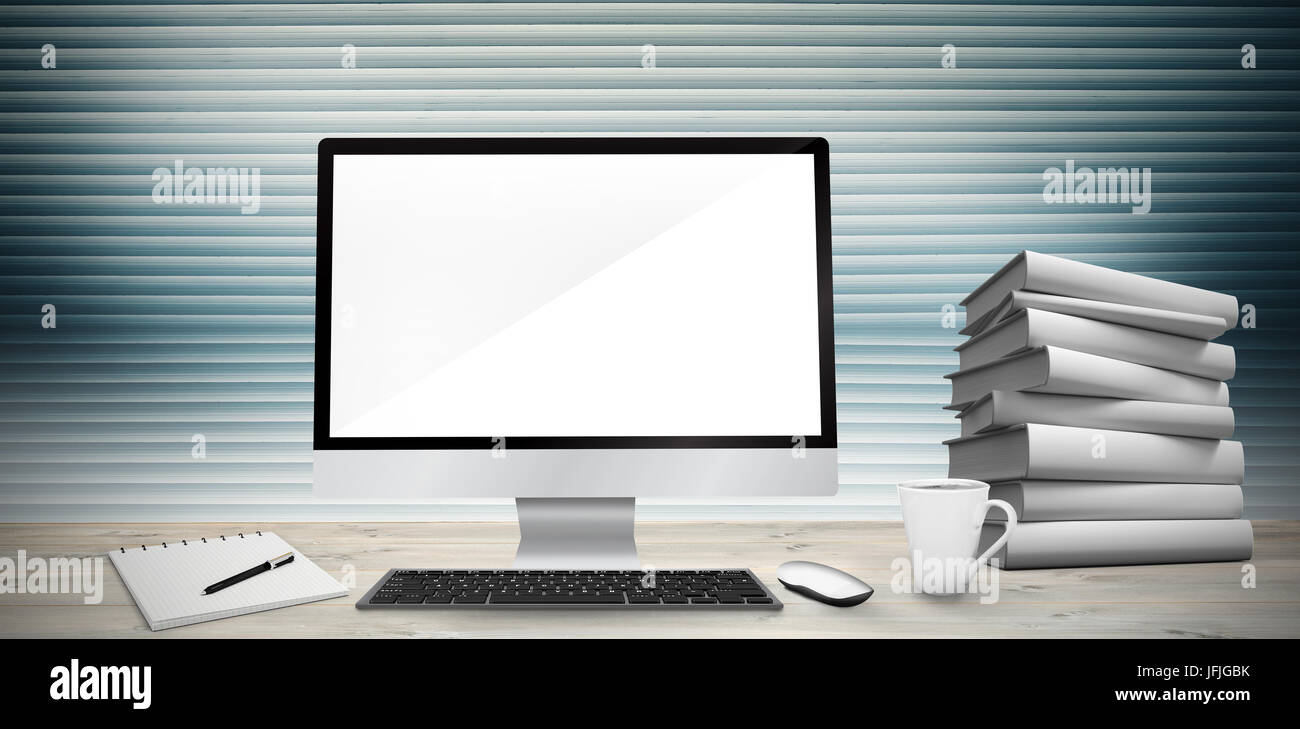 Composite image of image of a desk with computer Stock Photo - Alamy