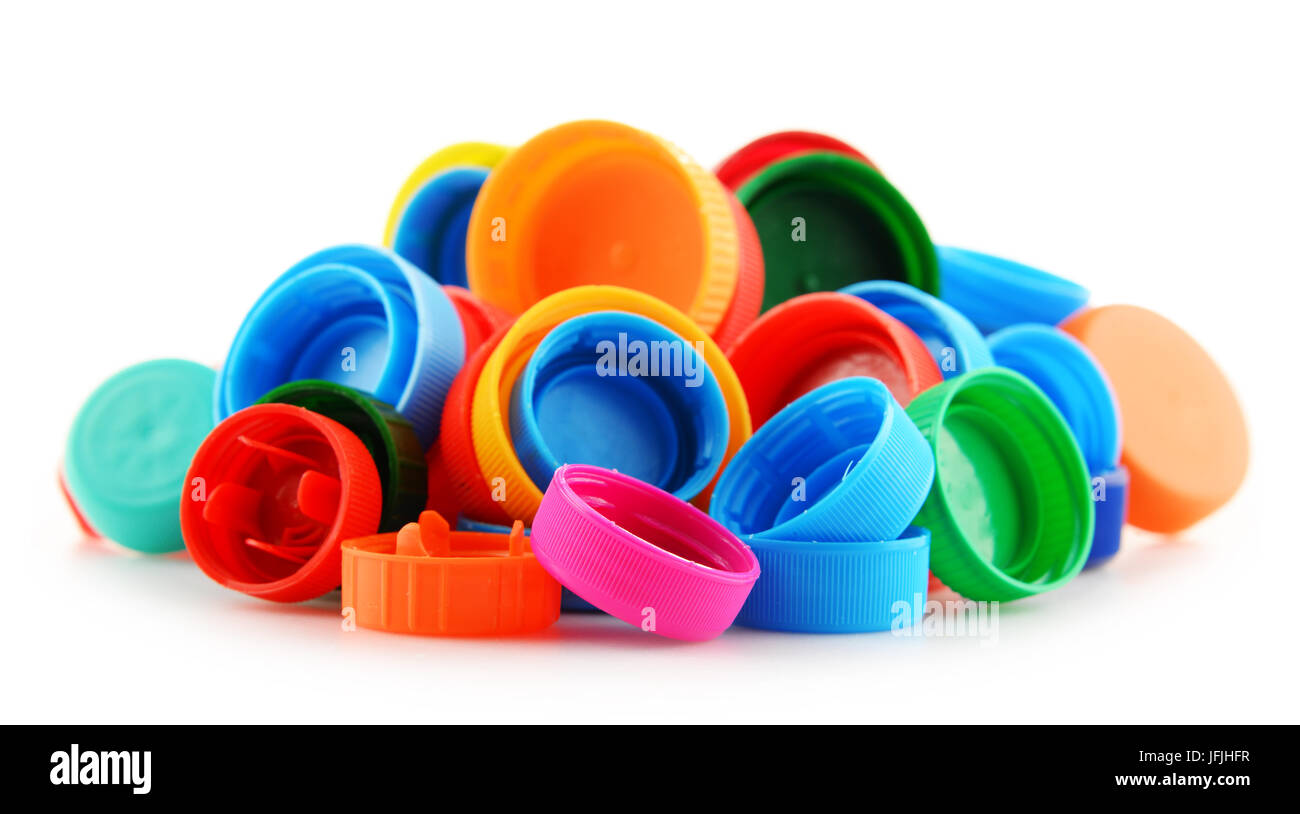 Composition with colorful plastic bottle caps. Stock Photo