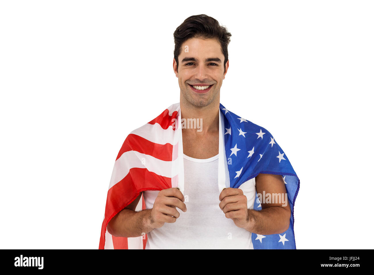 Athlete with american flag wrapped around his body Stock Photo