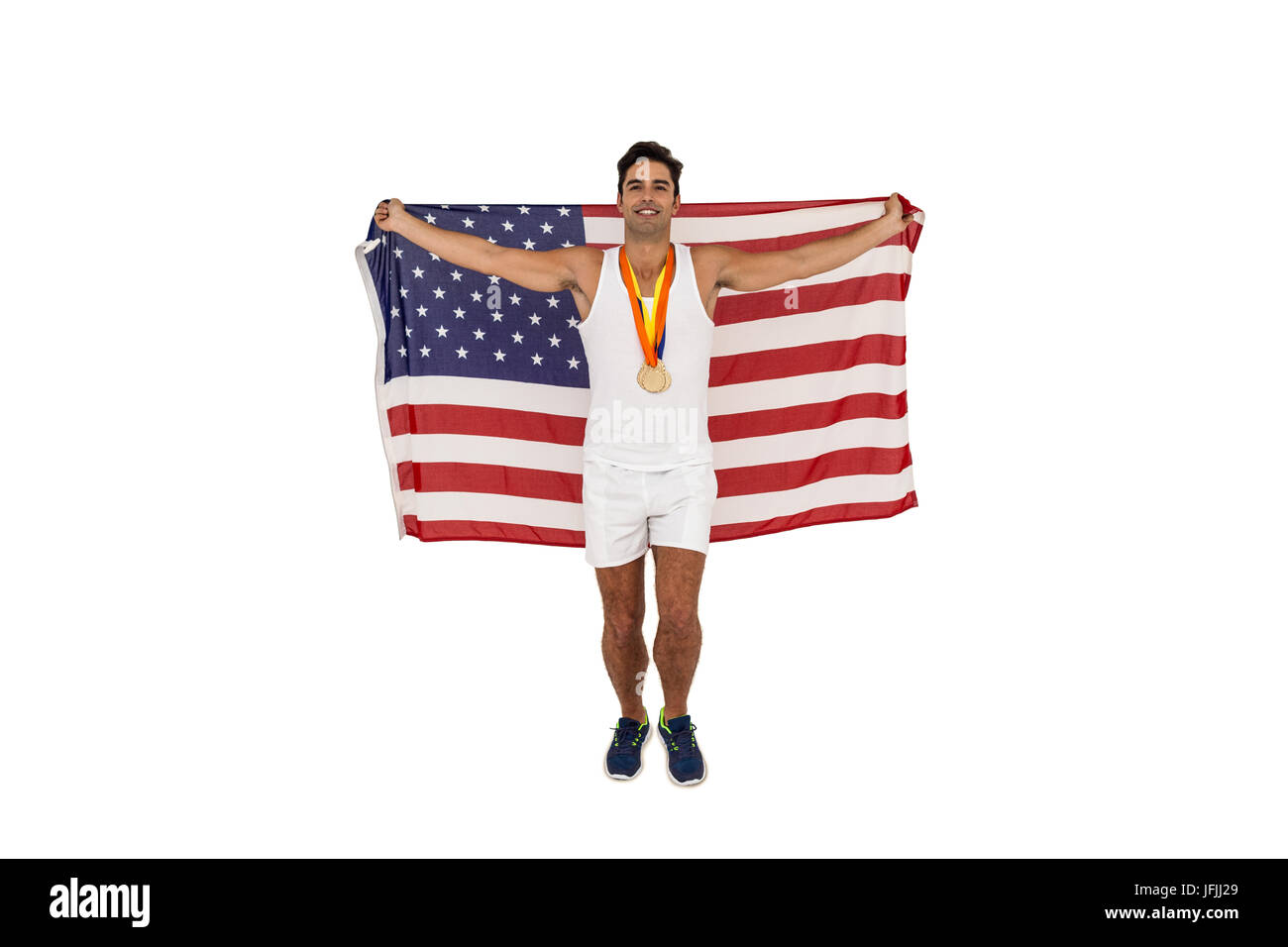 Athlete posing with gold medals after victory Stock Photo Alamy
