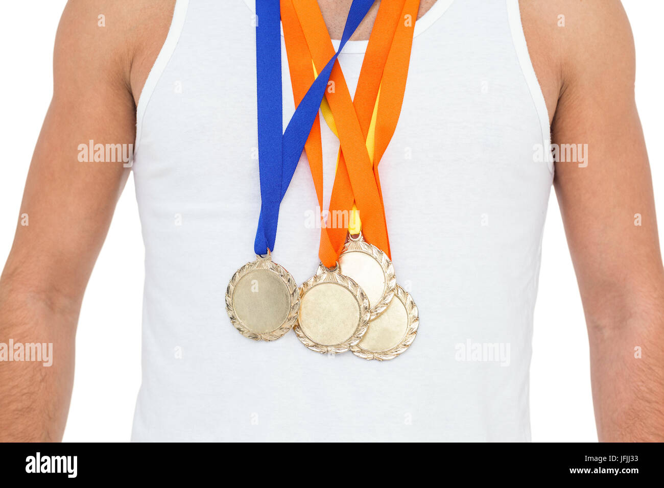 Athlete posing with gold medals around his neck Stock Photo - Alamy