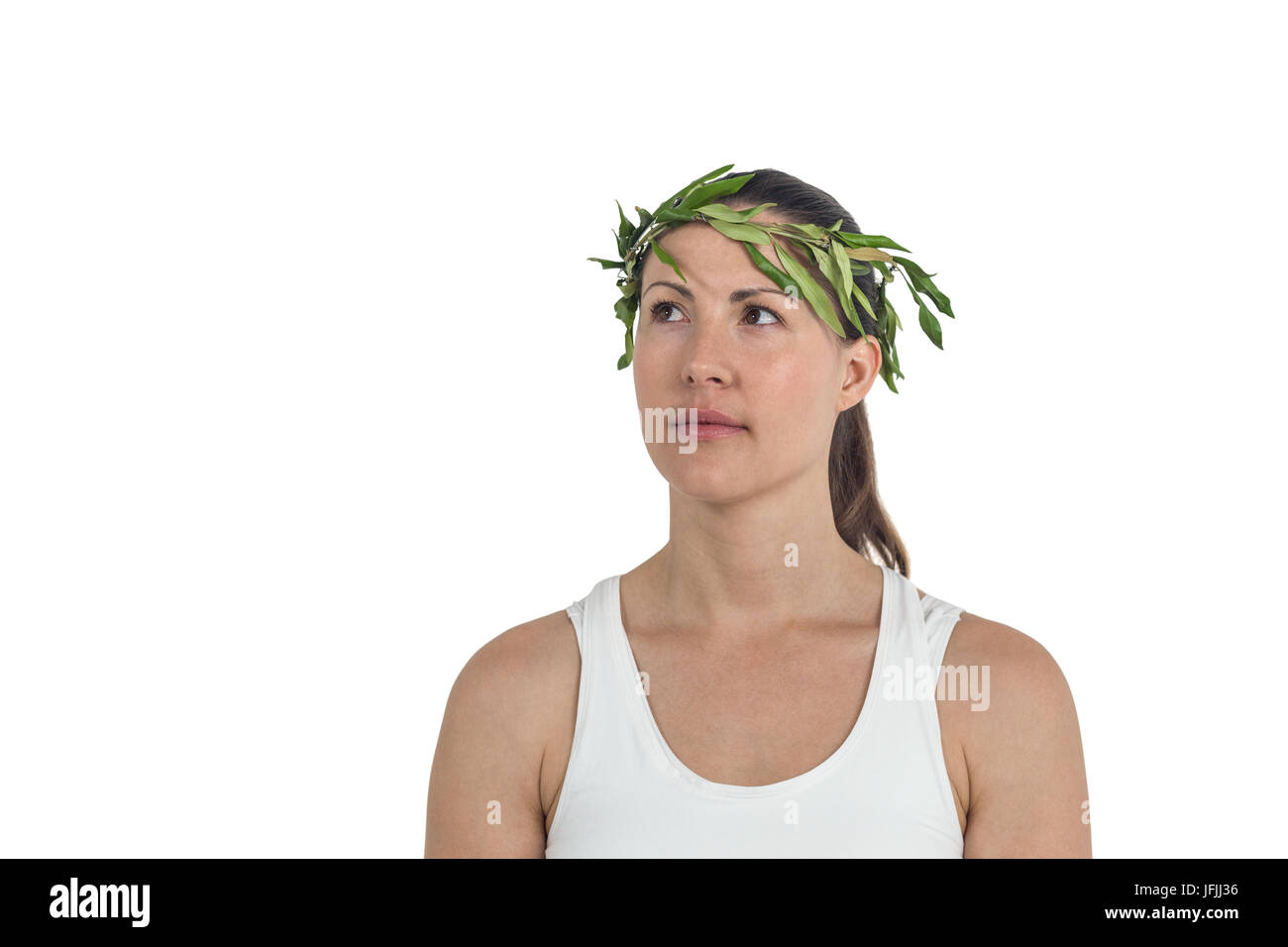 Female athlete wearing green roman laurel wreath Stock Photo