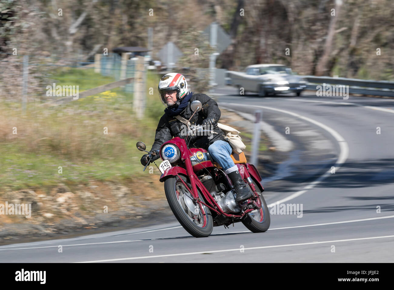 Vintage 1956 Ariel BV Motorcycle on country roads near the town of Birdwood, South Australia. Stock Photo