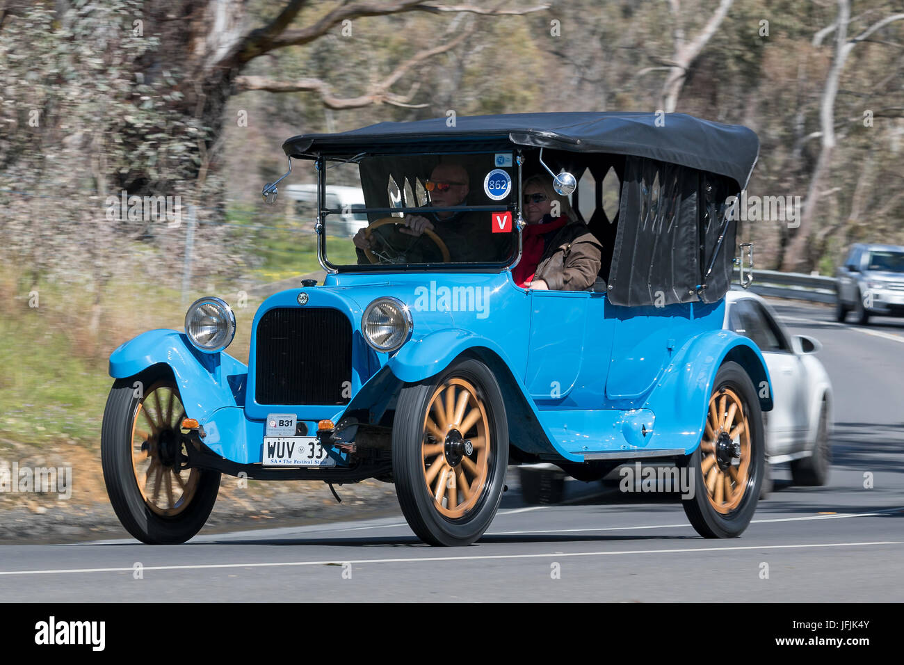 Vintage 1916 Dodge Tourer driving on country roads near the town of Birdwood, South Australia. Stock Photo