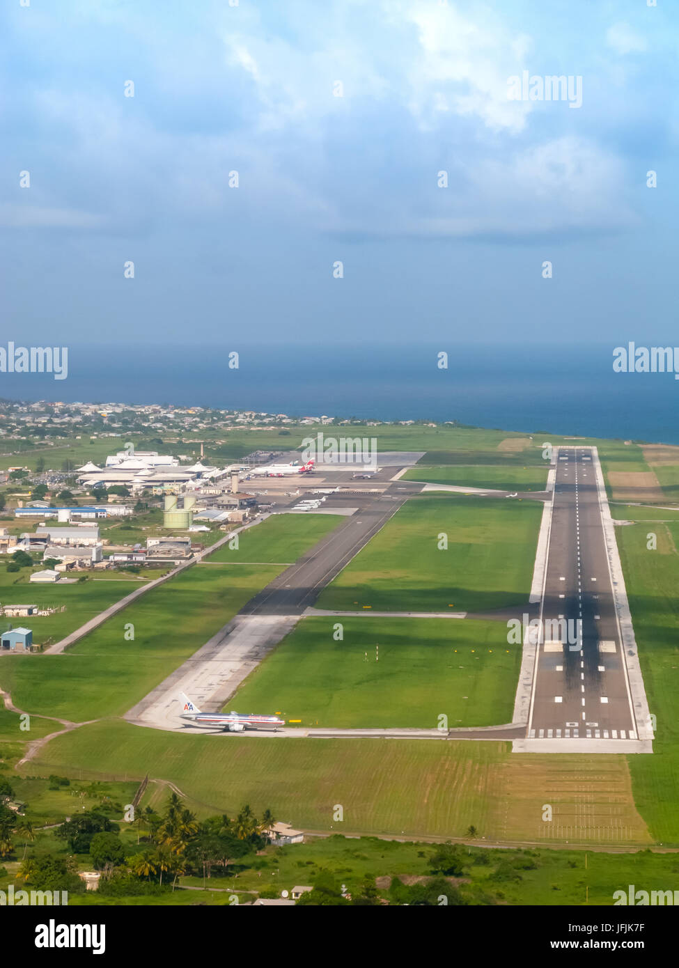 The Barbados runway approach, Barbados Grantley Adams International Airport (GAIA) Airport, Barbados, West Indies Stock Photo
